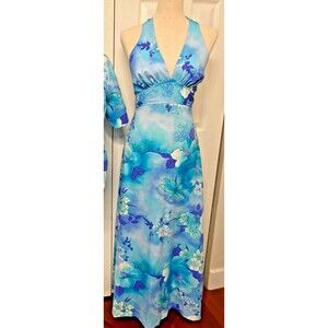 Vintage HAWAII NEI Hawaiian Halter Dress Long Blue Purple Floral Size S/M 4/6